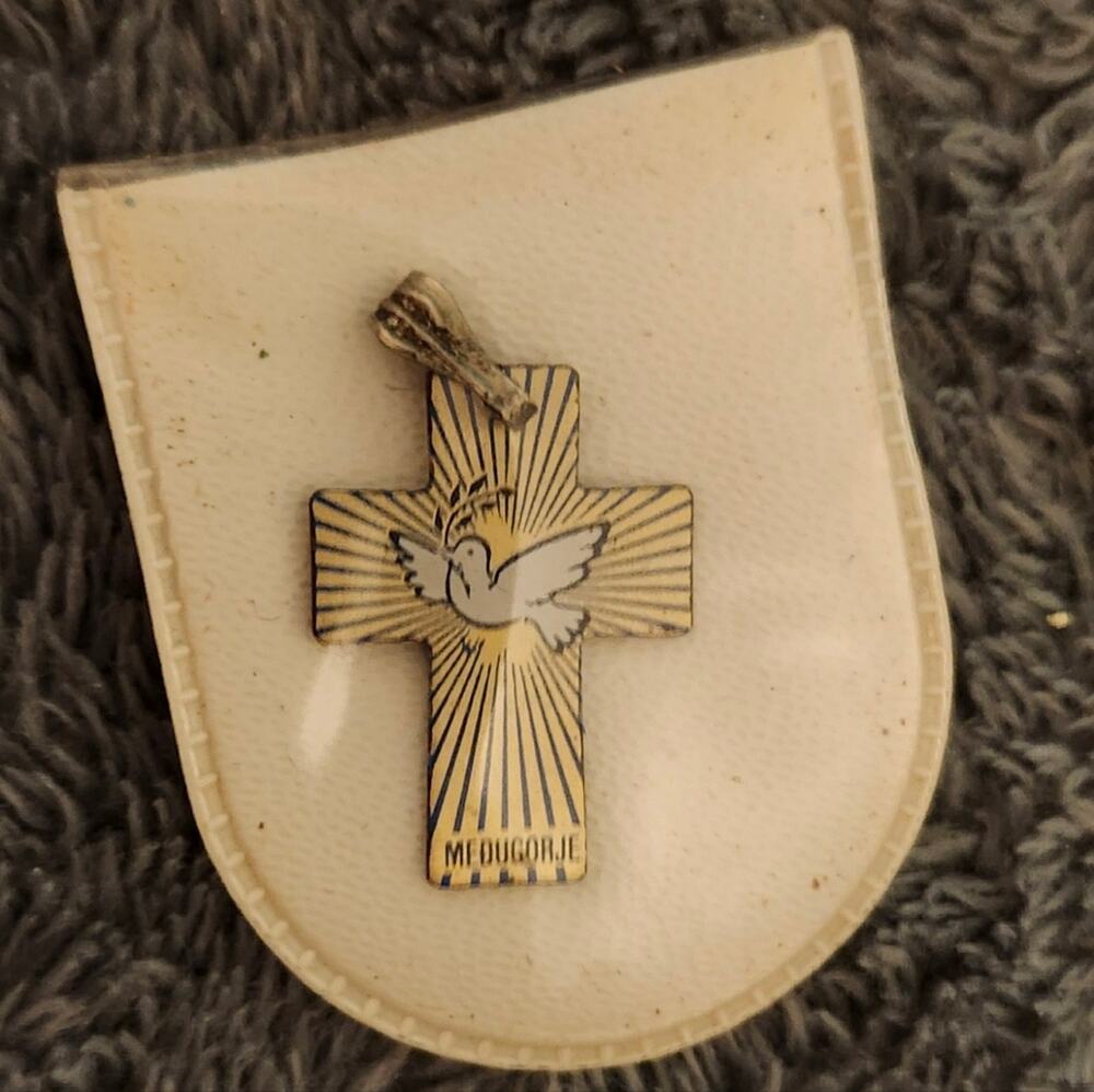 Medjugorje Gold‑Tone Cross Pendant with White Dove | Small Christian Gift